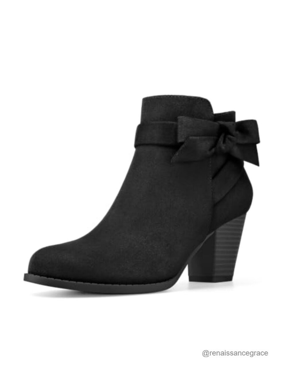 Women's Ankle Boots Faux Suede Chunky Block Heel Bow Side Zip Dress Booties